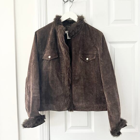 Coldwater Creek Chocolate Brown Suede Fur Trim Zip Trucker Jacket Y2K Vintage L - Picture 1 of 9